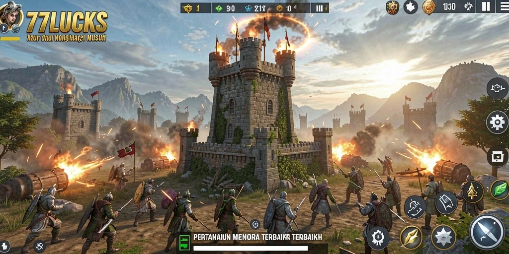 Screenshot gameplay 77LUCKS menampilkan aksi menara pertahanan yang mendebarkan.