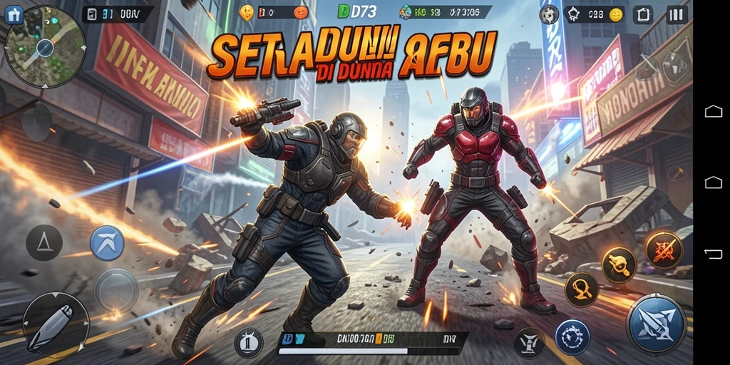 Screenshot utama D73 dengan gameplay aksi yang intens.