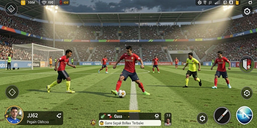 Screenshot dari gameplay JJ62 menunjukkan aksi seru di lapangan sepak bola.