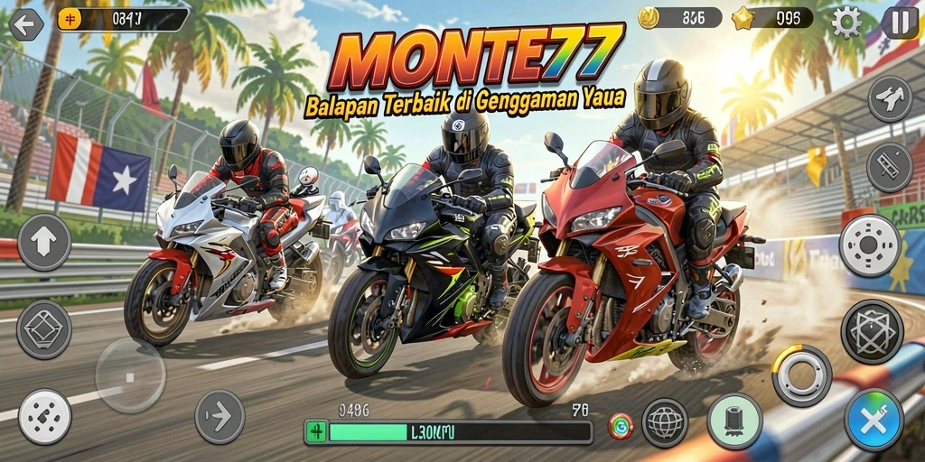 Screenshot tampilan gameplay <strong>MONTE77</strong> menampilkan aksi balapan motor yang mendebarkan.