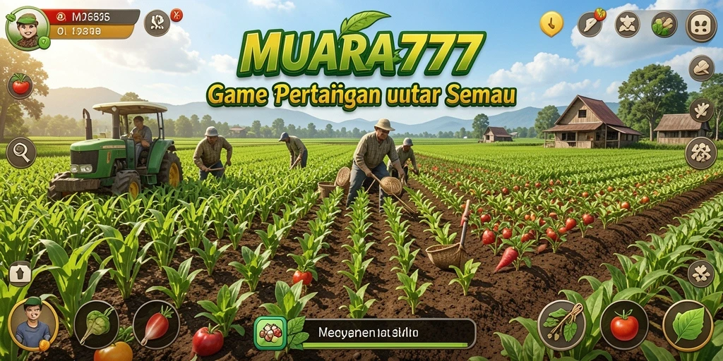 Tampilan gameplay yang menunjukkan ladang hijau dalam <strong>MUARA777</strong> dengan berbagai tanaman.