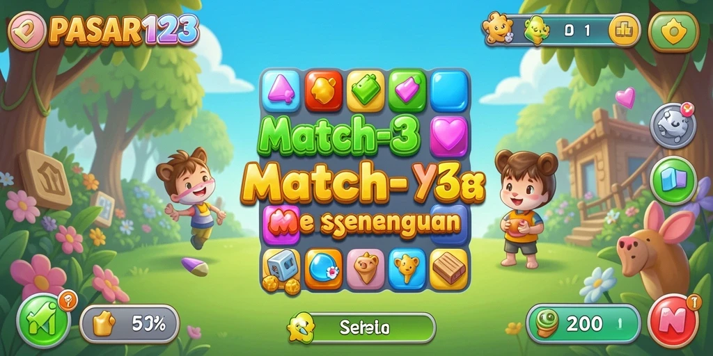 Tampilan gameplay seru di PASAR123 dengan grafis menawan dan tantangan Match-3.
