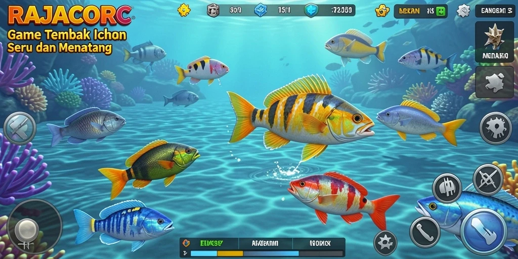 Tampilan gameplay RAJACORC dengan menembak ikan yang berwarna-warni.